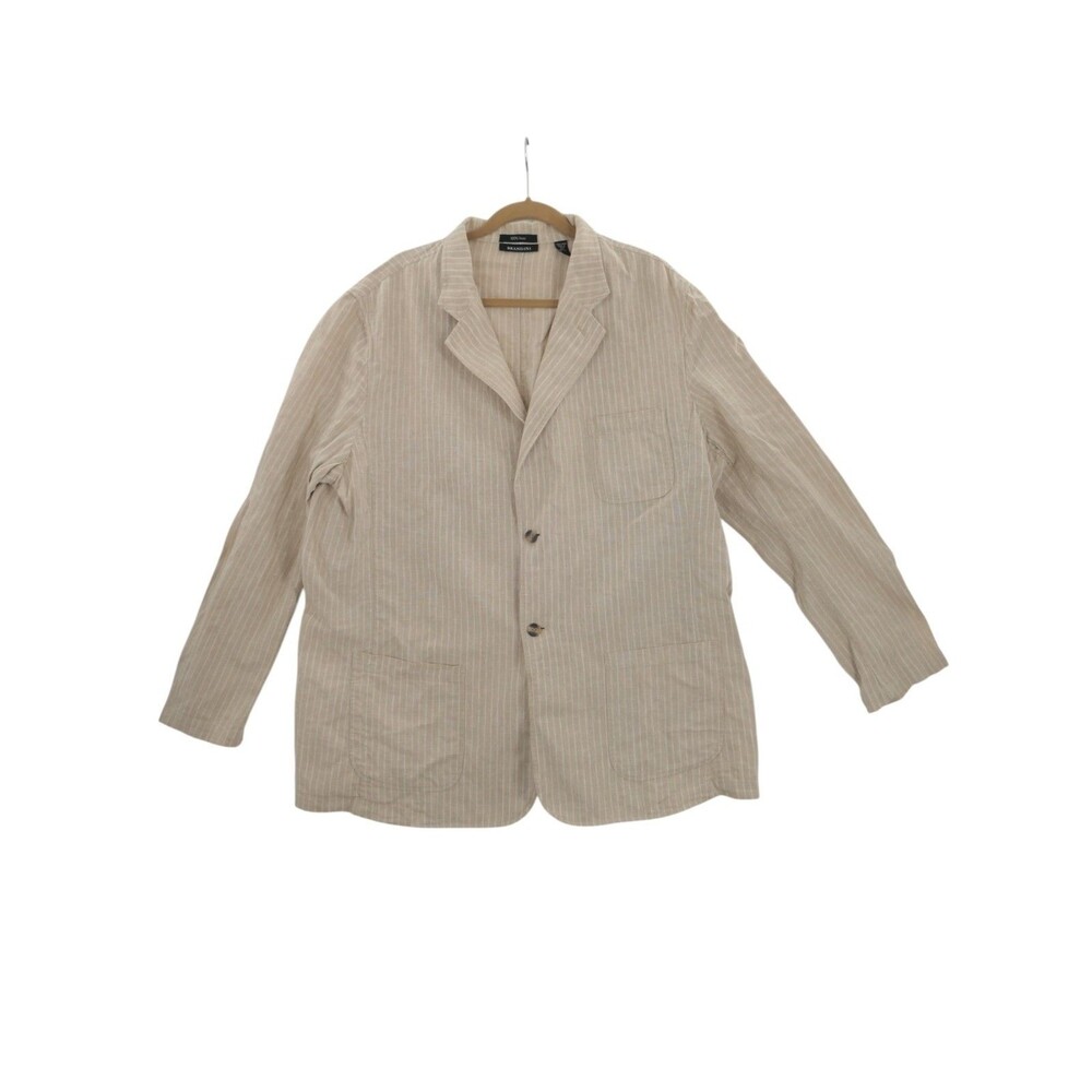 Brandini Sz XXL 100% Linen Tan Blazer White Pinstripes Relaxed Yacht Boho Hippie